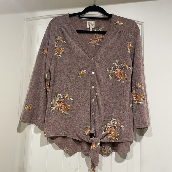 Anthropologie Tops - Anthropologie Fig & Flower Blouse Womens Size Medium Knit Embroidered Floral